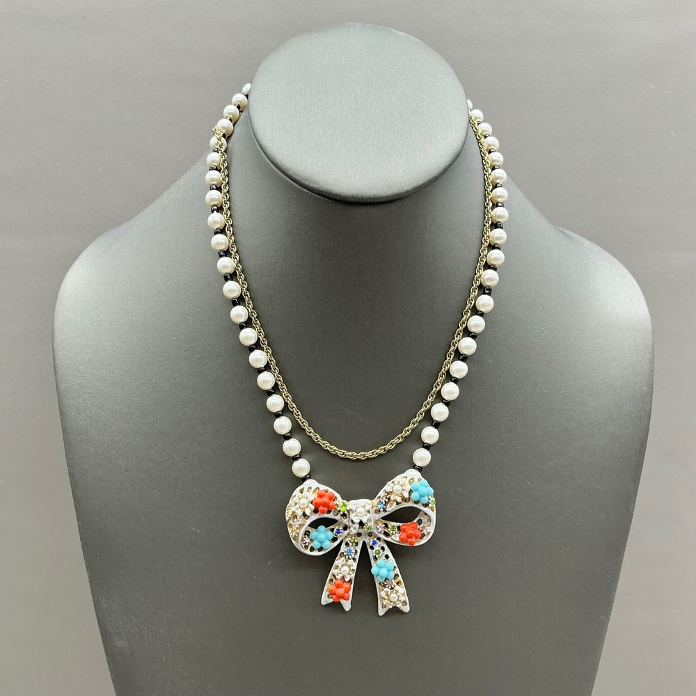 Betsey Johnson Necklace Women White Faux Pearl Enamel Bow Floral Rhinestone